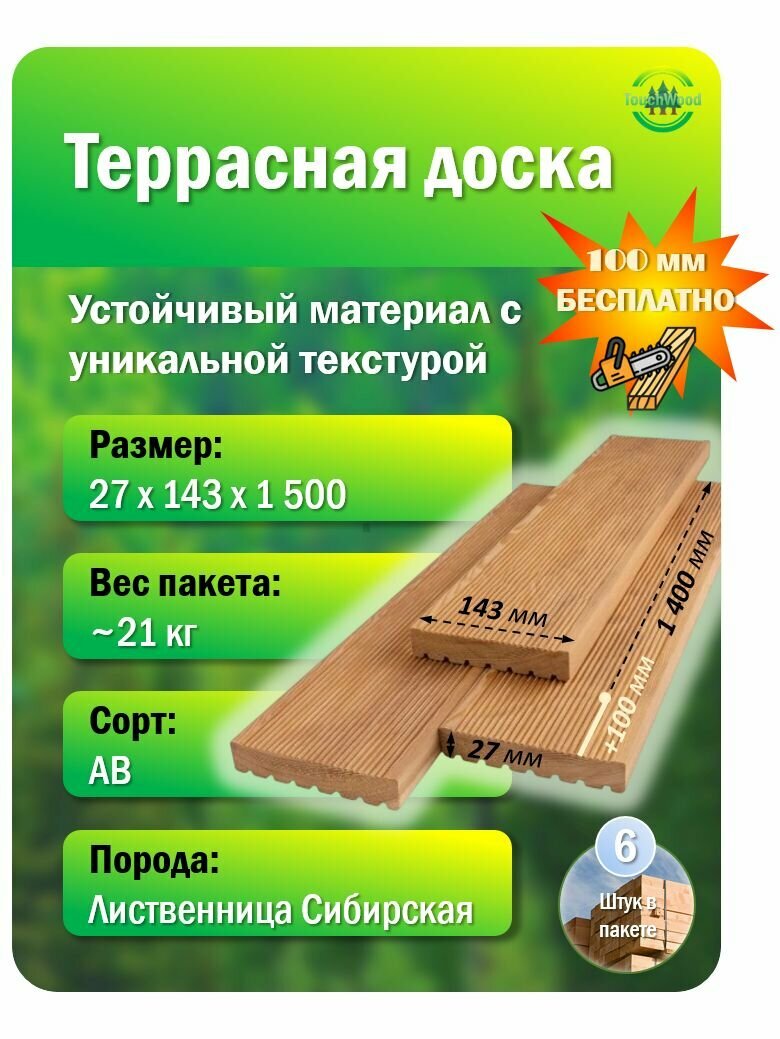 Террасная доска 27х143х1500 сорт AB 6 шт.