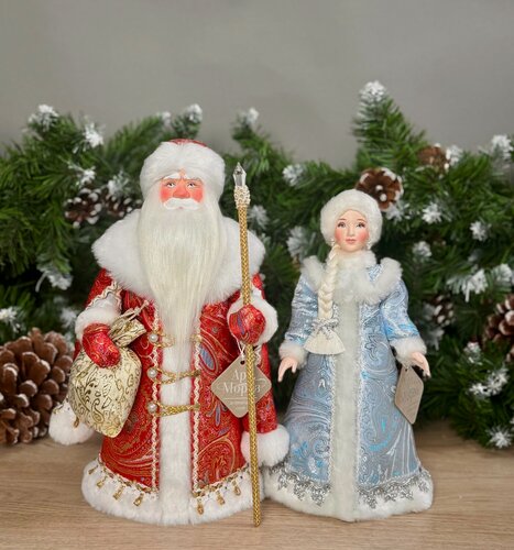 Изображение товара АртМороз Дед мороз и Снегурочка русские 33см; новогодняя игрушка под ёлку; авторская кукла ручной работы