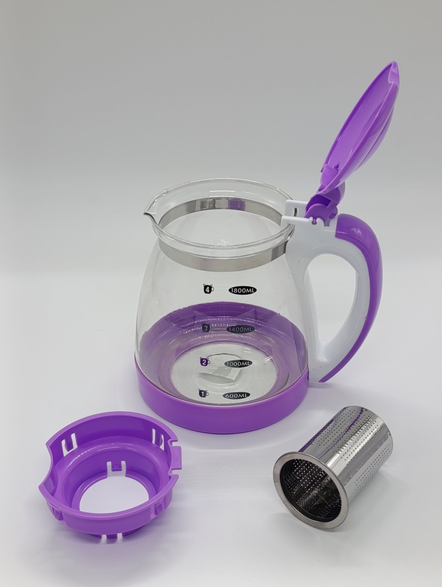 Чайник 15002, стеклянная колба, металлический фильтр, пластиковая ручка