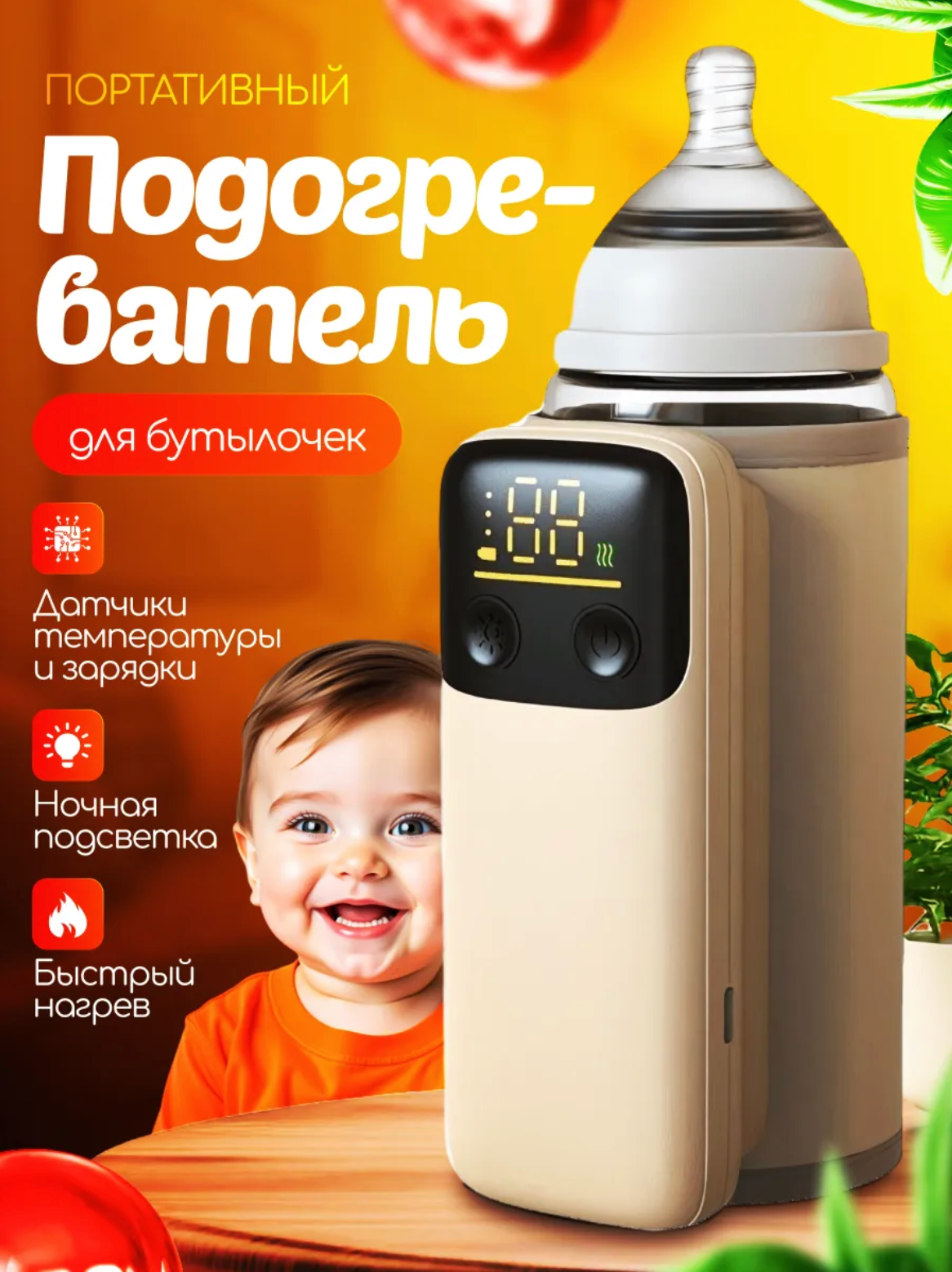 Портативный подогреватель для бутылочек с аккумулятором и подсветкой, цифровой дисплей