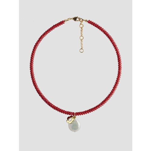кольцо из серебра с подвесной барочной жемчужиной 17 Колье by mar CORAL&FLOWER, жемчуг барочный, жемчуг пресноводный, жемчуг пресноводный культивированный, коралл, жемчуг культивированный, длина 38 см, золотой, красный
