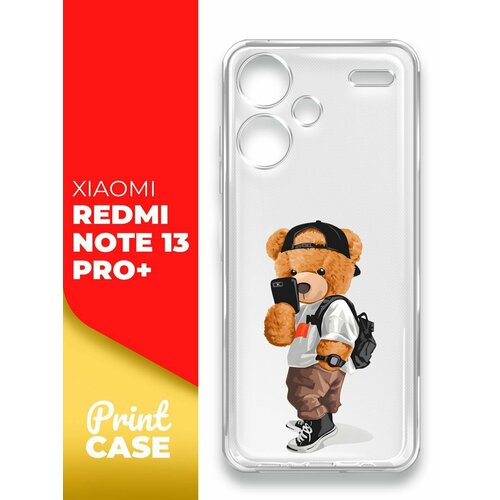 Чехол на Xiaomi Redmi Note 13 Pro+ (Ксиоми Редми Ноте 13 Про+), прозрачный силиконовый с защитой (бортиком) вокруг камер, Miuko (принт) Мишка Смартфон чехол на xiaomi redmi note 13 pro ксиоми редми ноте 13 про прозрачный силиконовый с защитой бортиком вокруг камер miuko