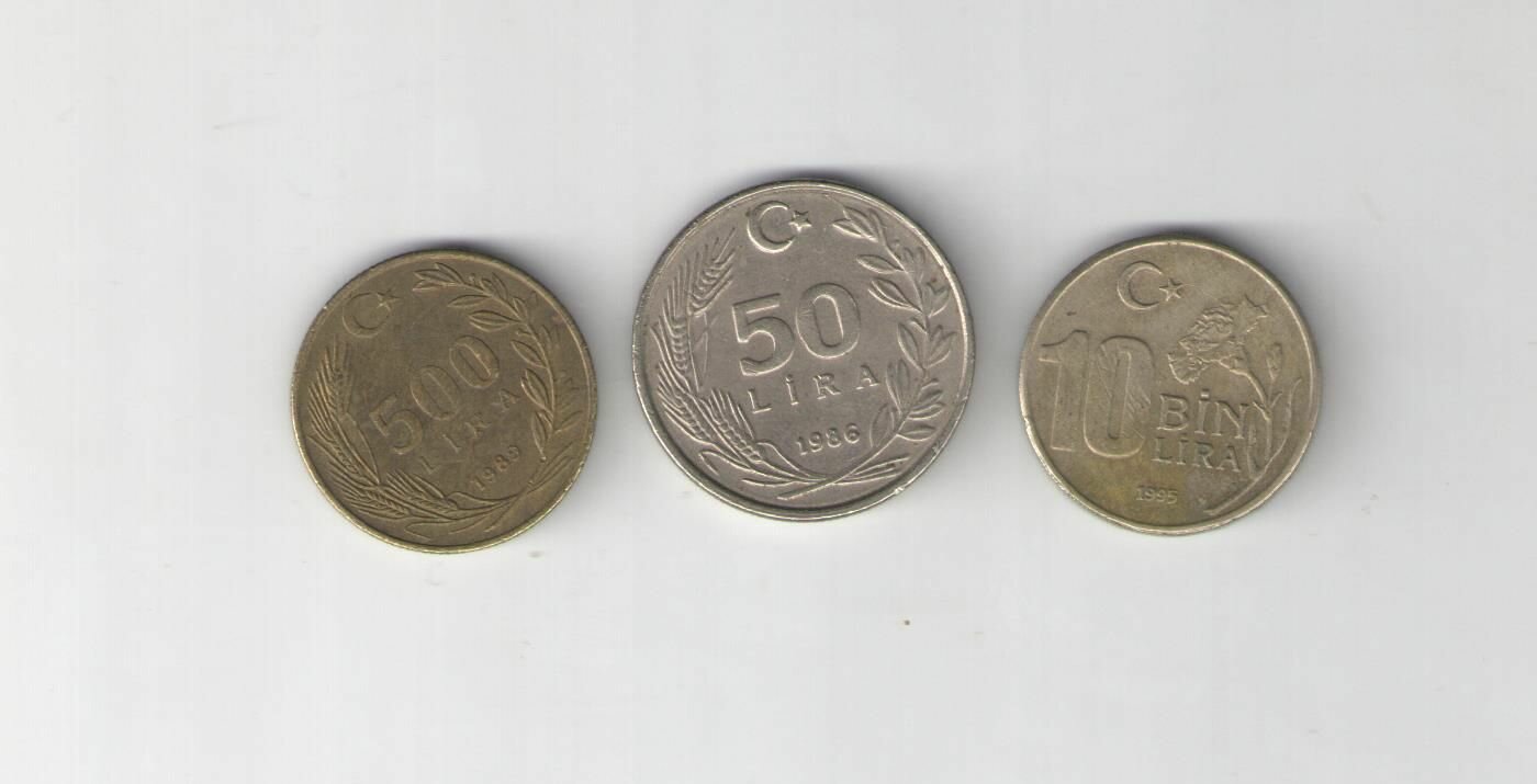 Набор монет Турции 50 лир+500 лир+10000 лир 10 бин 1980-1997