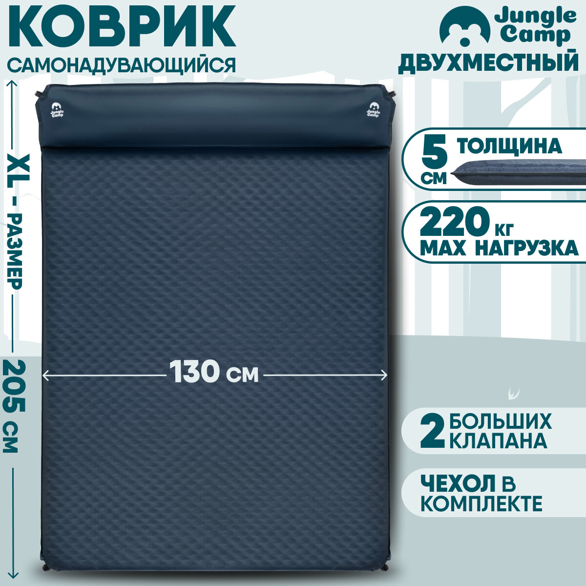 Коврик самонадувающийся кемпинговый с подушкой двухспальный JUNGLE CAMP Dreamer Double 70, 205х130х7 см