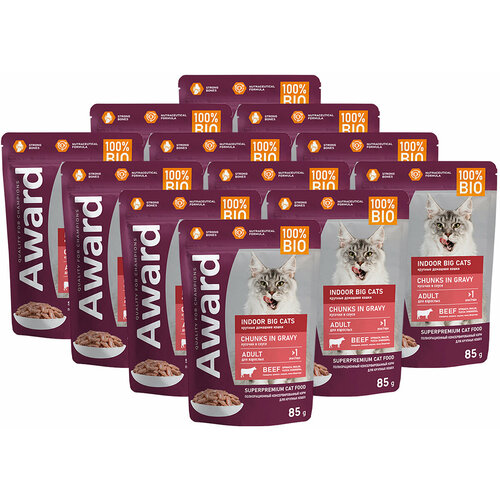 AWARD INDOOR BIG CATS BEEF для взр кош круп пород живущих дома с говядиной в соусе пауч 85 гр 85 гр х 12 шт