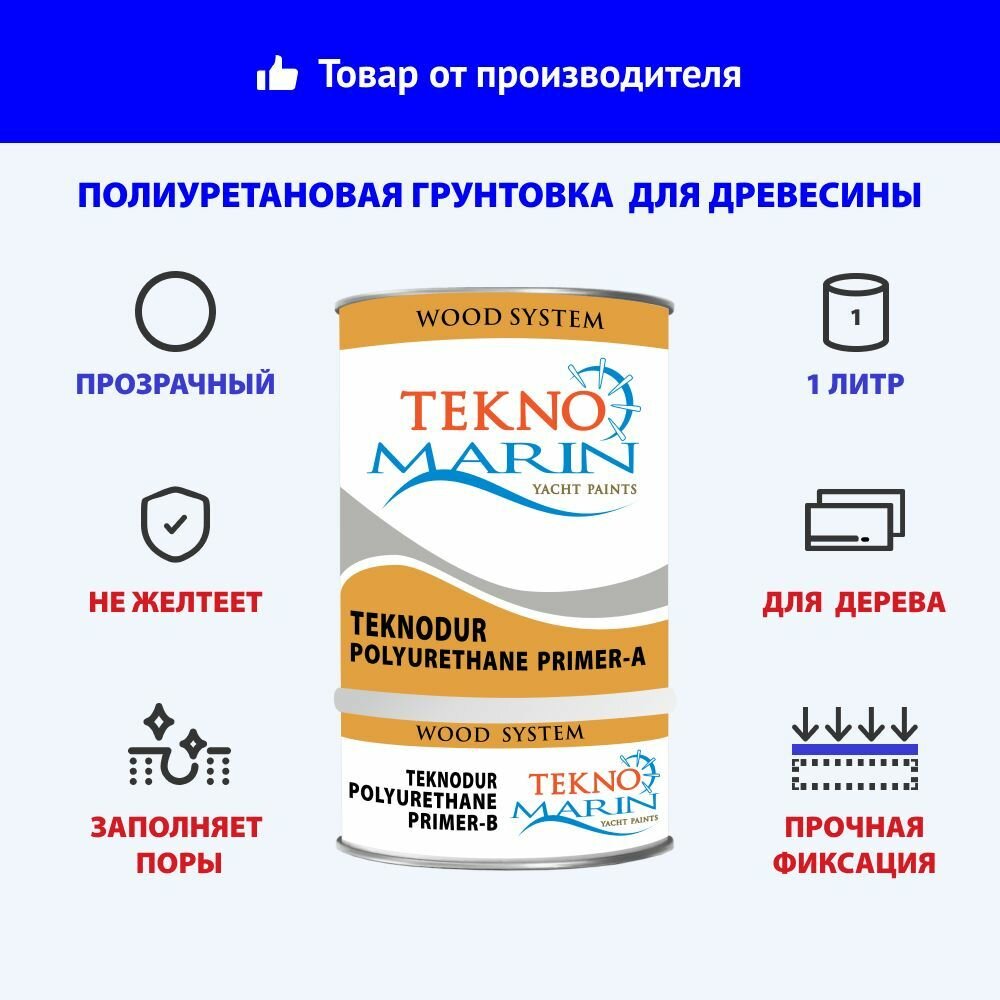 Двухкомпонентная грунтовка по дереву 1 л для лодок и яхт, Teknodur