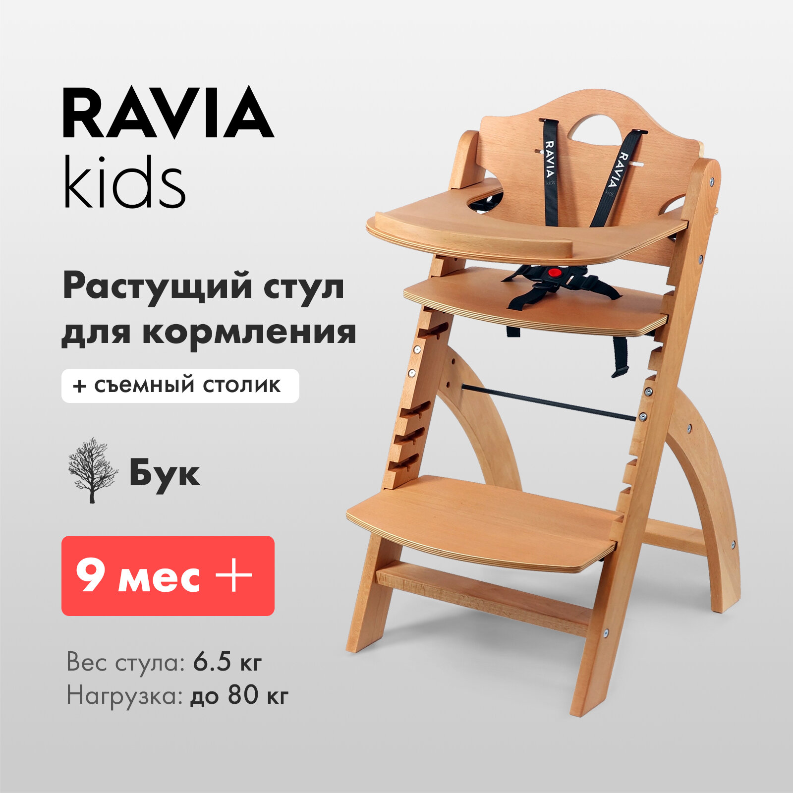 Стульчик для кормления RAVIA KIDS / растущий / от 9 мес / массив бука