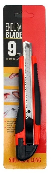 Нож канцелярский, лезвие 9 мм, корпус пластик, с резиновым держателем, с металл, направляющей, фиксатор (1шт.)