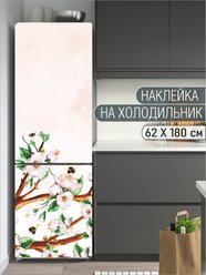 Интерьерная наклейка на холодильник "Шмели на сакуре" для декора дома, размер 62х180 см