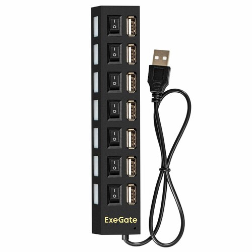 USB-Хаб (концентратор) 7-в-1 ExeGate DUB-72SW (кабель-адаптер USB2.0 --> 7xUSB2.0, кнопки включения/отключения для каждого порта, Plug&Play, черный) EX293978RUS