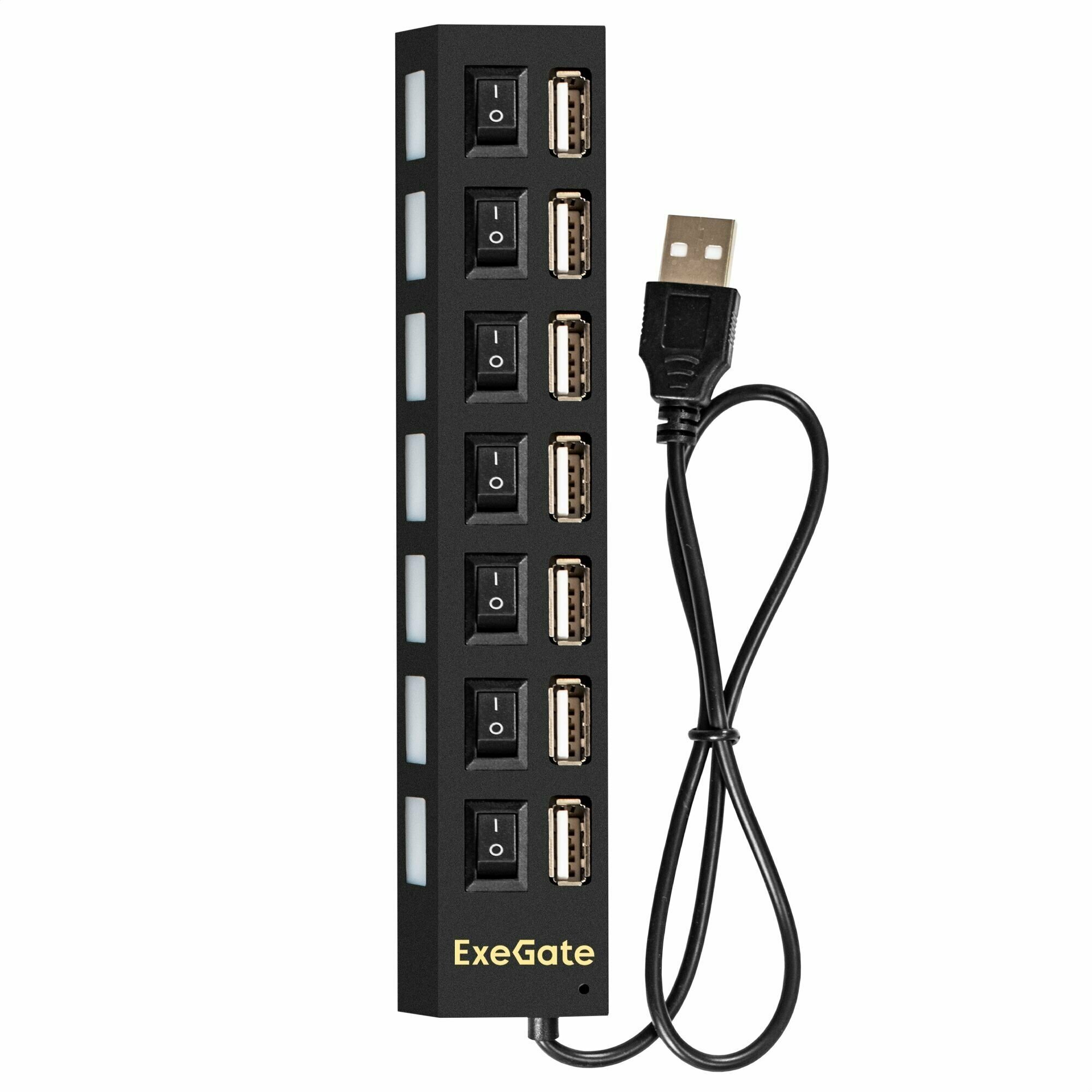Концентратор Exegate 7-в-1 (кабель-адаптер USB2.0 --> 7xUSB2.0, кнопки включения/отключения для каждого порта, Plug&Play, черный) - фото №1