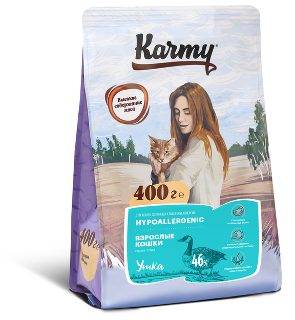 Сухой корм KARMY Гипоаллергенный для кошек, склонных к пищевой аллергии Утка 0,4кг - фотография № 3