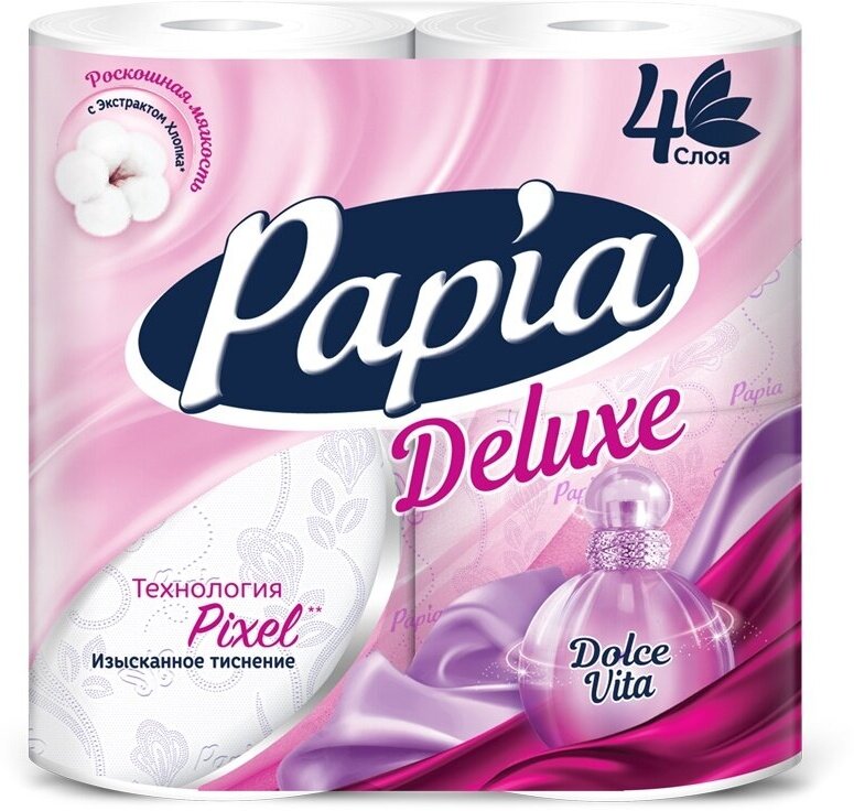 Бумага туалетная Papia "Deluxe, Dolce Vita", 4-слойная, 4 шт, ароматизированная, фиолетовое тиснение, белый (5062184/5059167)