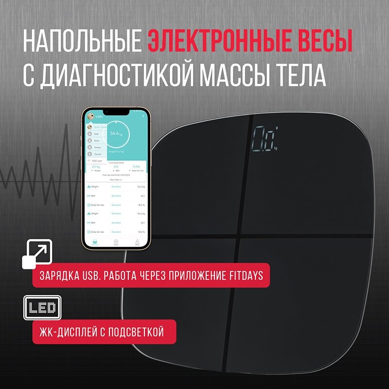 Весы напольные умные электронные HALSA USB с Bluetooth 14 параметров