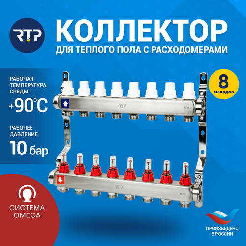 Коллекторная группа с расходомером и кронштейном (евроконус 3/4) нержавеющая сталь SUS 304 1х 8 выходов, RTP