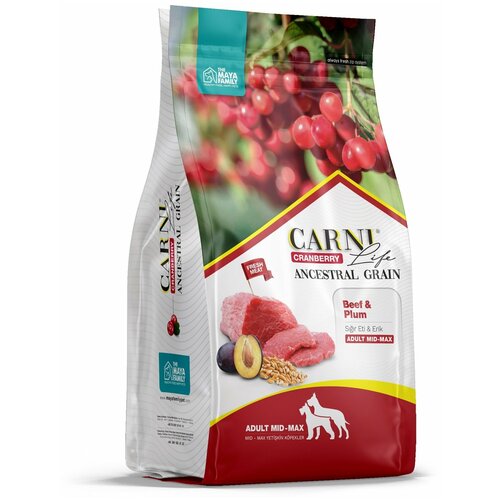 Carni Life корм для собак средних и крупных пород, говядина с черносливом и клюквой 12 кг