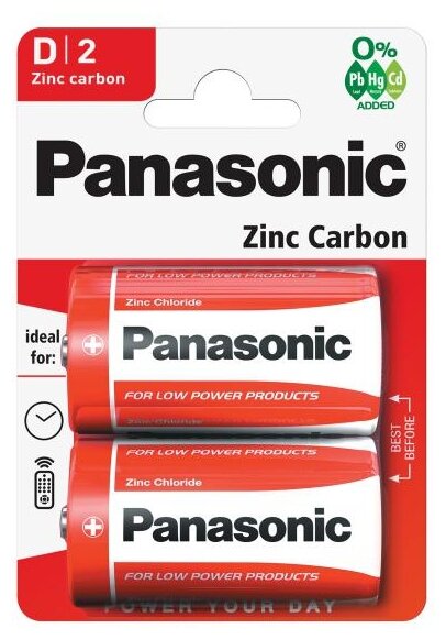 Батарейки Panasonic Red Zink R20 Bli Zink-Carbon, 2 шт. (R20REL/2BPR) - фото №1