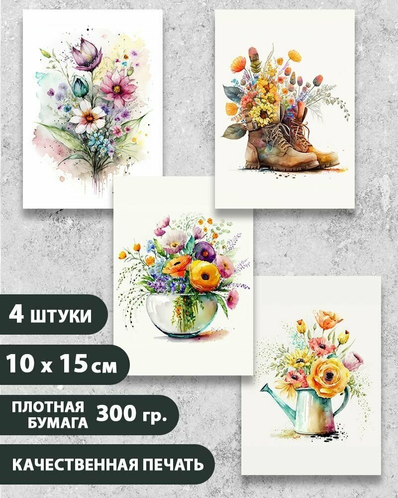 Набор открыток Летний букет 3, 10.5 см х 15 см, 4 шт, на подарок и в коллекцию