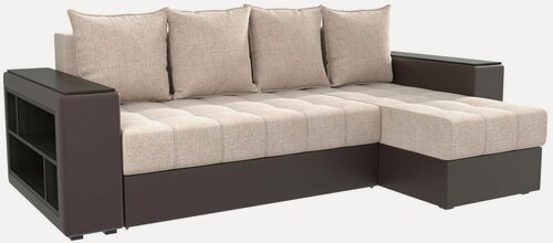 Изображение товара Угловой Диван Дубай М, Рогожка Бежевый/Экокожа Коричневый, Угол правый, Ящик для белья, 258х160х80 см