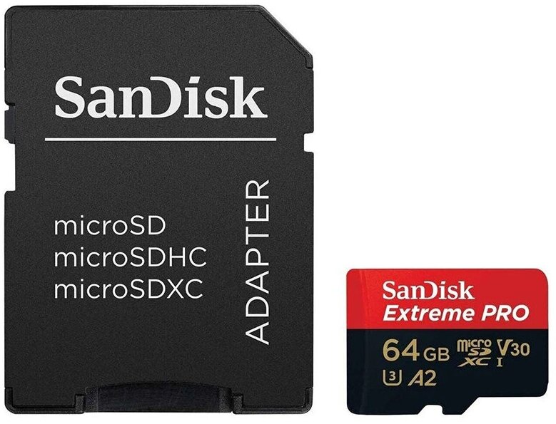 Карта памяти 64Gb - SanDisk Extreme Pro Micro Secure Digital XC Class 10 UHS-I A2 C10 V30 U3 SDSQXCU-064G-GN6MA с переходником под SD