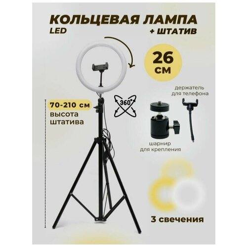 Светодиодная кольцевая лампа 26 см цвет корпуса черный с напольным штативом и держателем для телефона 168000₽