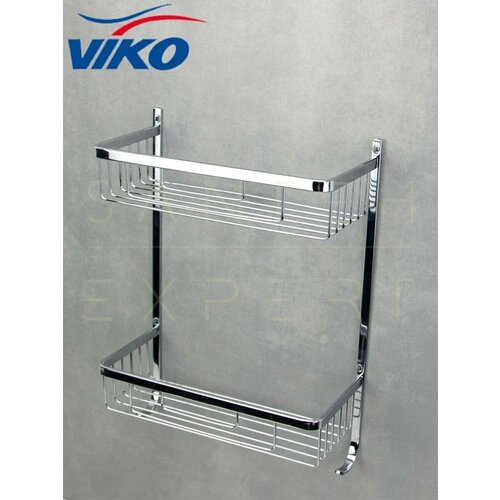 Полка настенная двойная прямоугольная для ванной комнаты и санузла с двумя крючками VIKO V-762 латунь цвет хром 3180₽