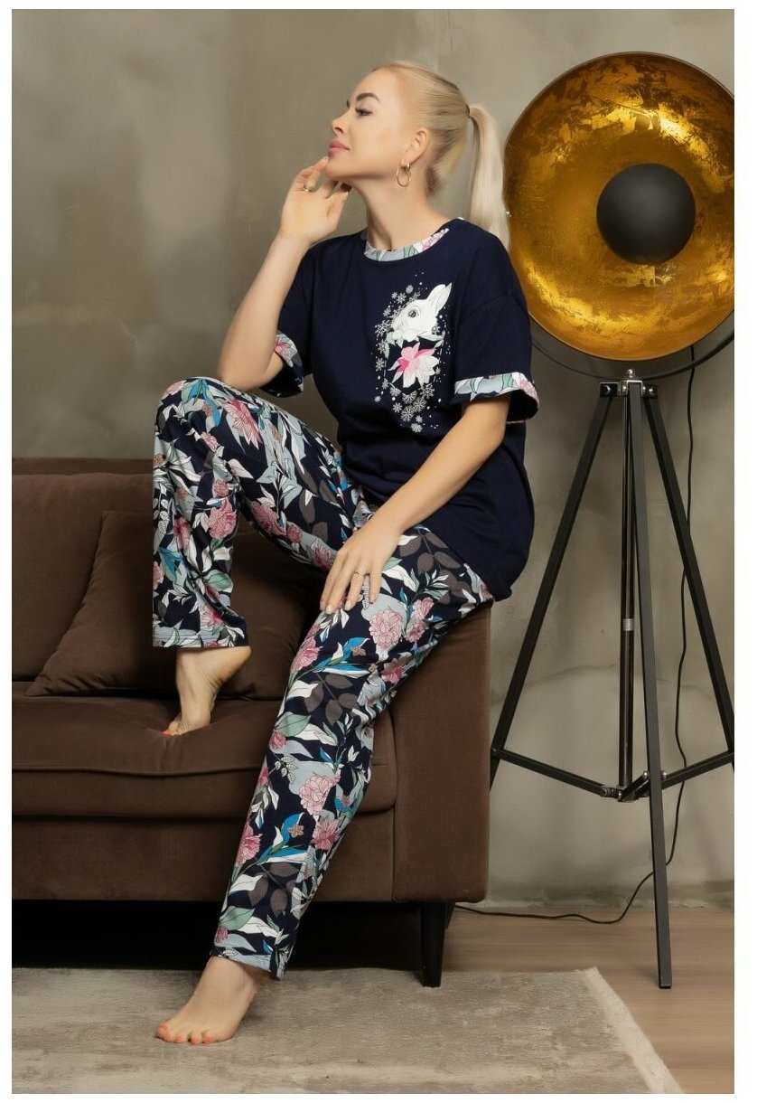 Пижама с брюками, С-61217/1418 Цвет темно-синий, зеленый, розовый, серый, средне-серый, Размер 54 - фотография № 3