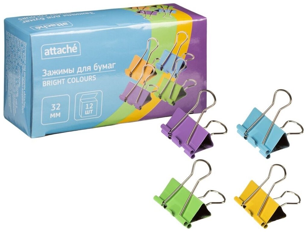 Зажим для бумаг Attache Bright Colours 32 мм цветной 12 шт в коробке