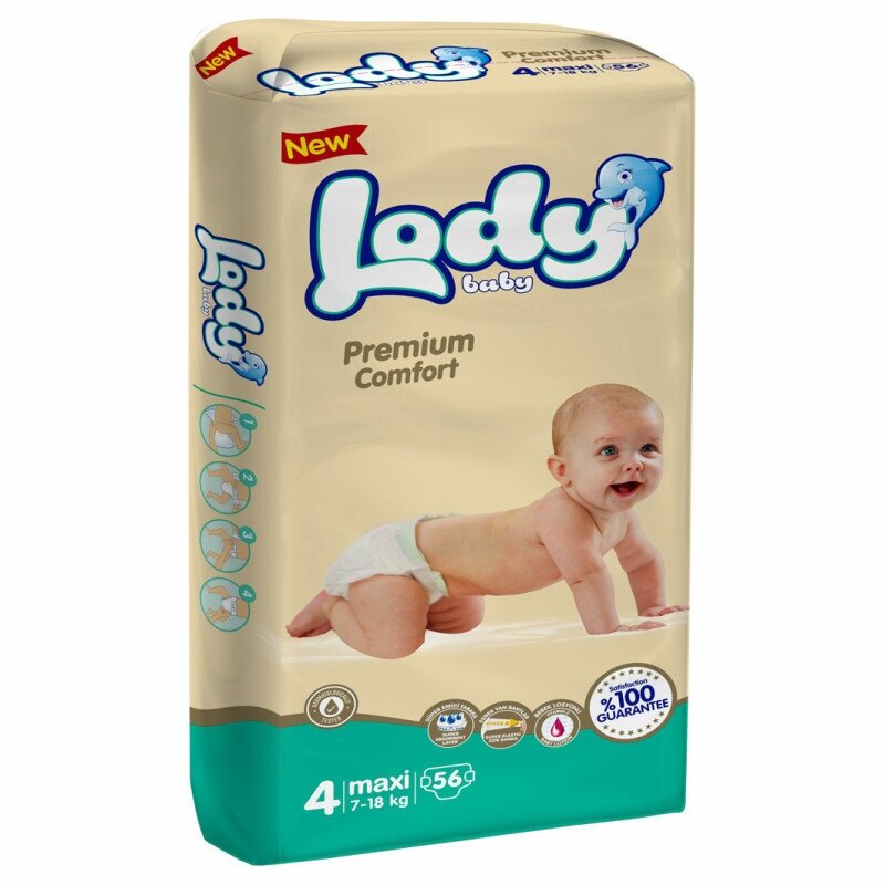 Детские подгузники Lody Baby, Premium comfort, размер 4 (MAXI) в упаковке 56 шт. (7-18 кг)