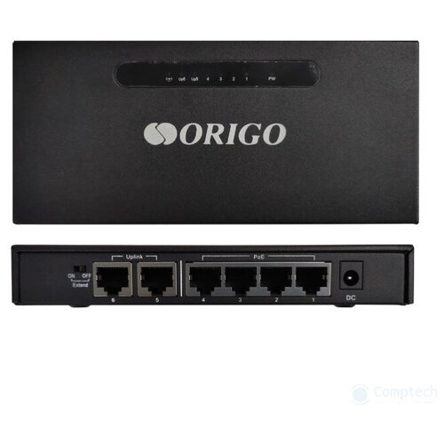 ORIGO OS1206P 60W A1A Неуправляемый PoE-коммутатор 4x100Base-TX PoE+, 2x100Base-TX, PoE-бюджет 60 Вт, корпус металл