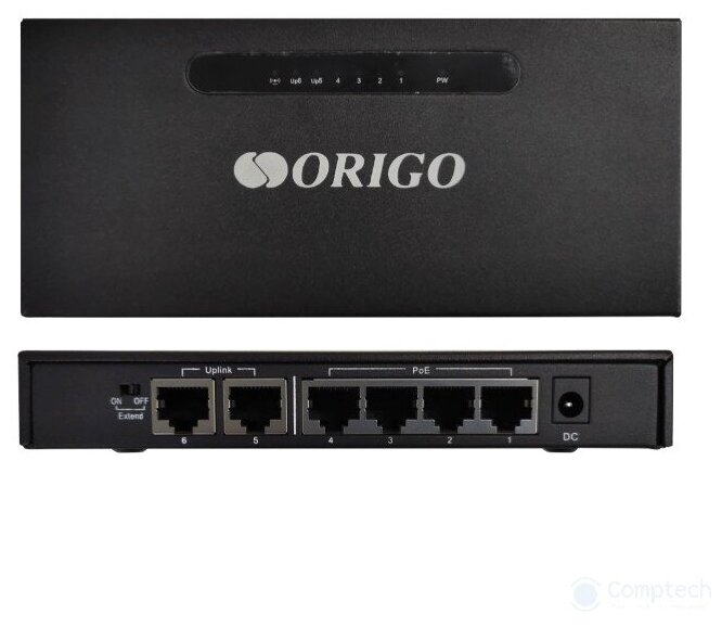 ORIGO Сетевое оборудование OS1206P A1A Неуправляемый PoE-коммутатор 4x100Base-TX PoE+ 2x100Base-TX PoE-бюджет 60 Вт корпус металл