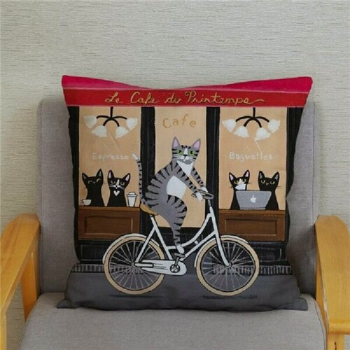 Изображение товара Подушка декоративная Кот Василий возле кафе на велосипеде 40х40 велюр