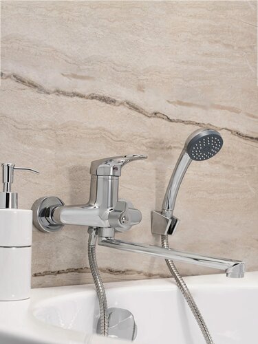 Изображение товара Смеситель для ванны, РМС SL55-006E, длинный поворотный излив, с душевой лейкой и шлангом, рычажное управление, гарантия