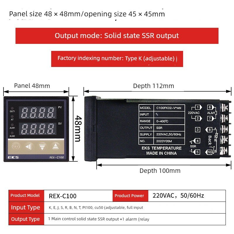 Цифровой PID регулятор температуры REX-C100, тип K, твердотельное реле SSR, 220В