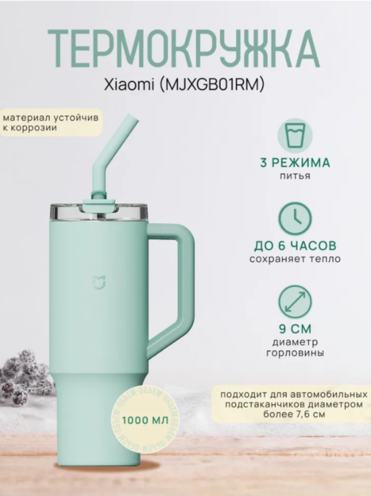 Термокружка Xiaomi Mijia Sippy Cup 1л Mint Green, для горячих и холодных напитков, пастельный зеленый
