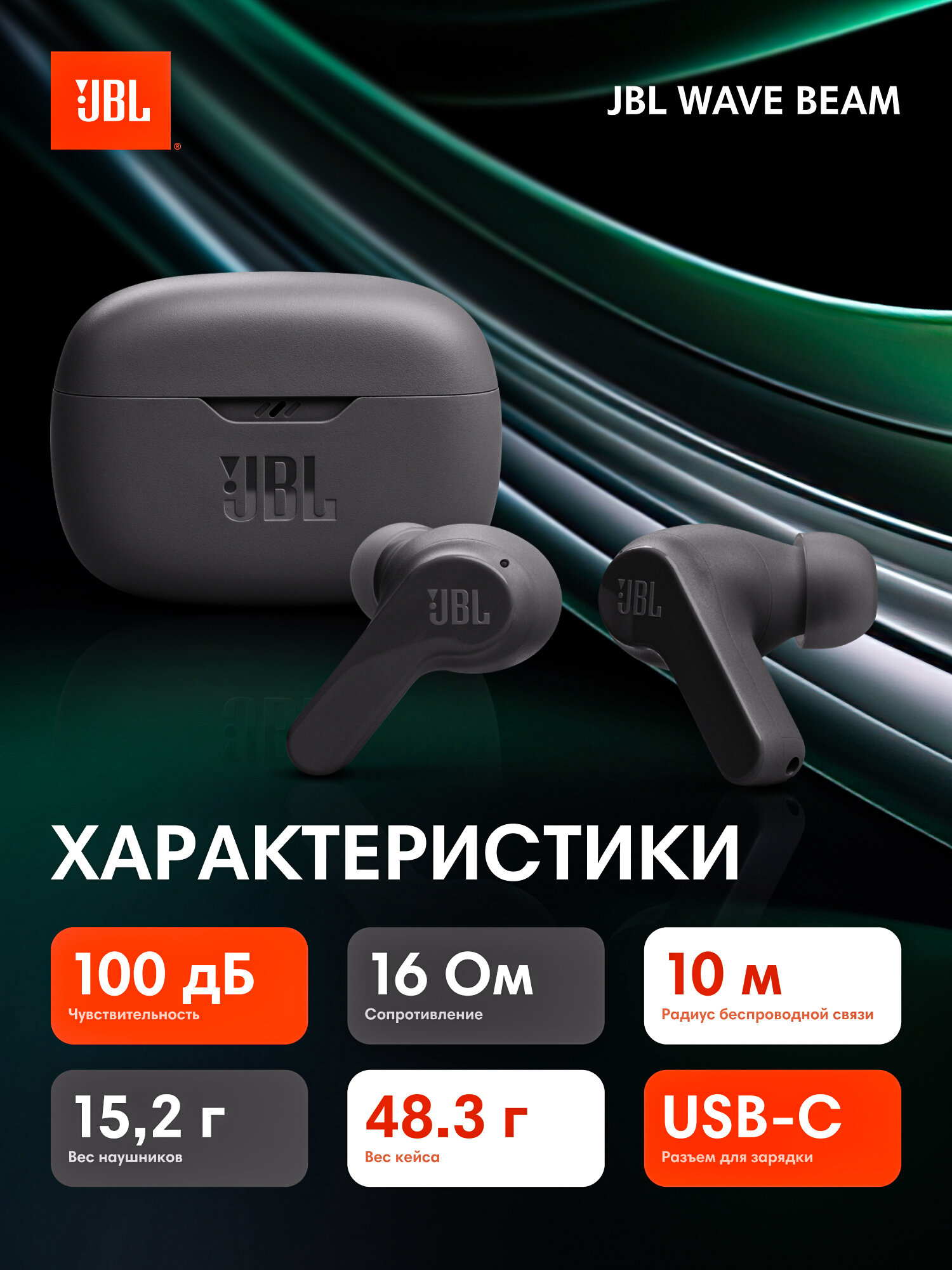 JBL Наушники беспроводные с микрофоном JBL Wave Beam Черные, Bluetooth, USB Type-C — фото 1