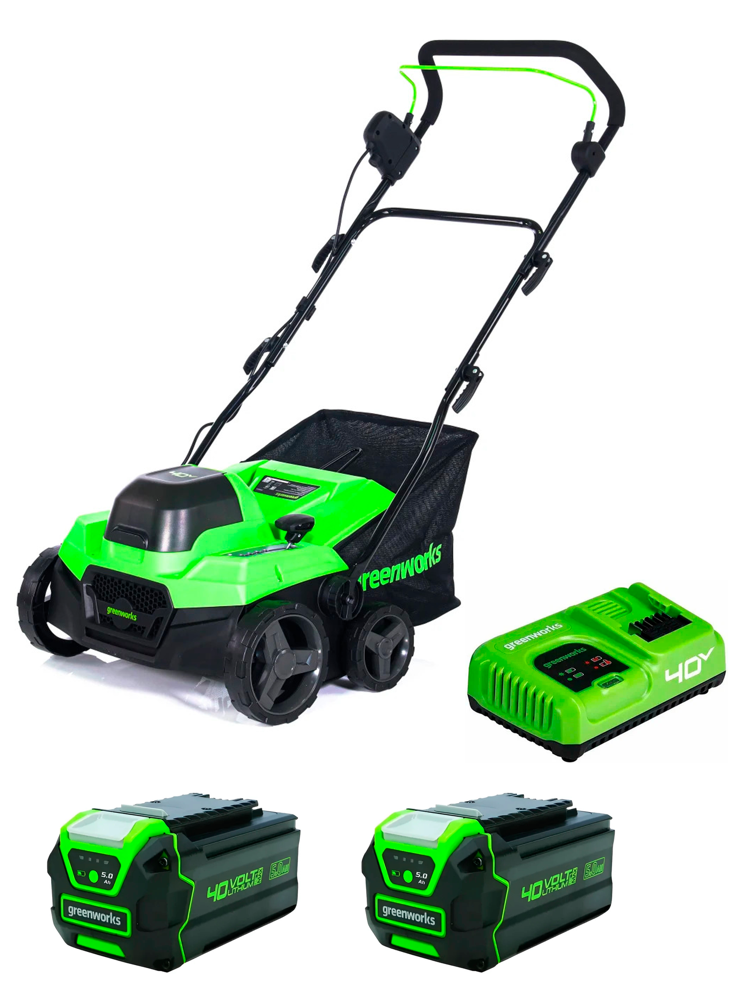 Аэратор-скарификатор для газона аккумуляторный Greenworks GD40SC38II 40V, бесщеточный, травосборник 45 л, комплект 2 АКБ 5 Ач + быстрое ЗУ