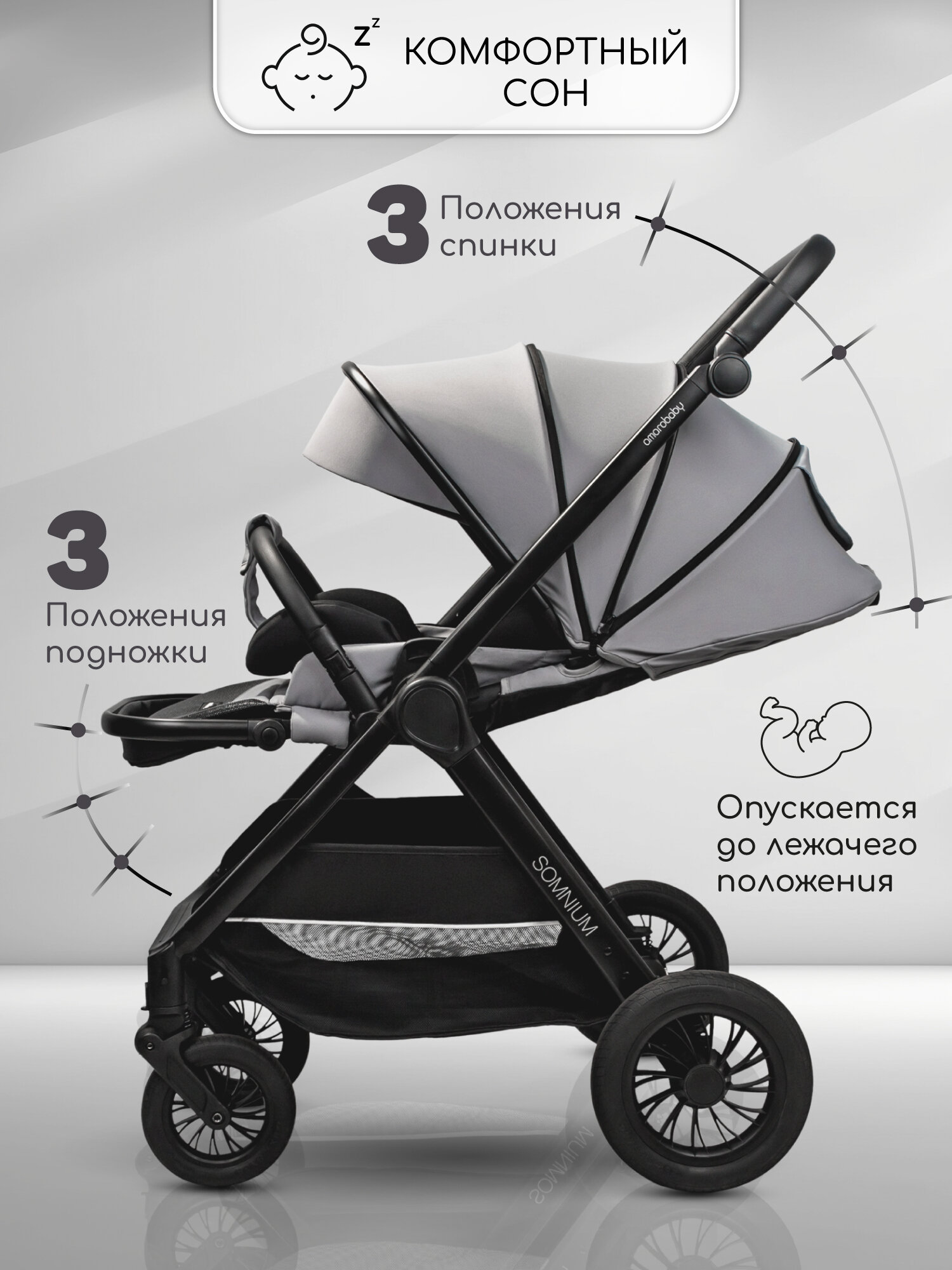 Прогулочная коляска с реверсивным блоком Amarobaby, Somnium, серый — фото 1