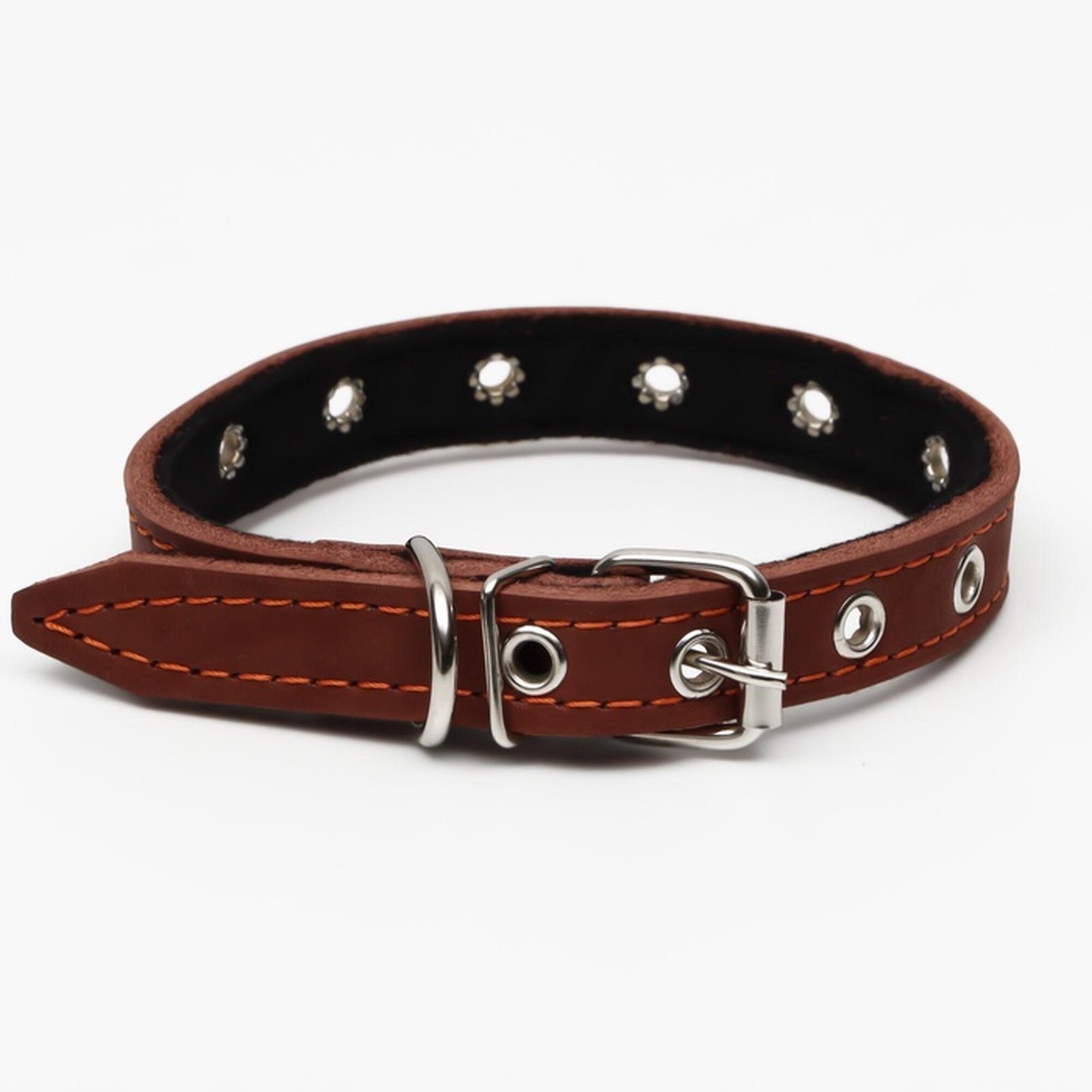 Изображение Ошейник кожаный на синтепоне, безразмерный, 45 х 2 см, ОШ 18-39 см, коричневый