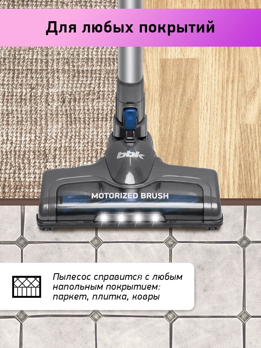 Вертикальный беспроводной пылесос "2 в 1" для сухой уборки BBK BV3003 серый/синий, мощность всасывания 60 Вт, объем пылесборника 0,8 л, НЕРА фильтр, 3 насадки в комплекте — фото 1