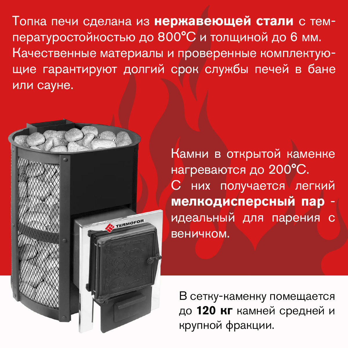 Печь для бани дровяная Термофор Кольчуга 14-18 (чугунная дверца без парогенератора) — фото 1