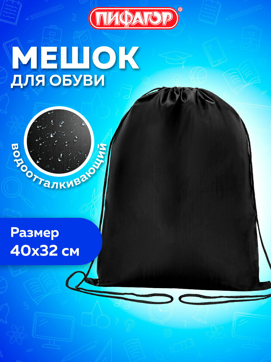 Сумка - мешок рюкзак для сменной обуви (сменки) Пифагор 1 отделение 40х32 см черный 271618
