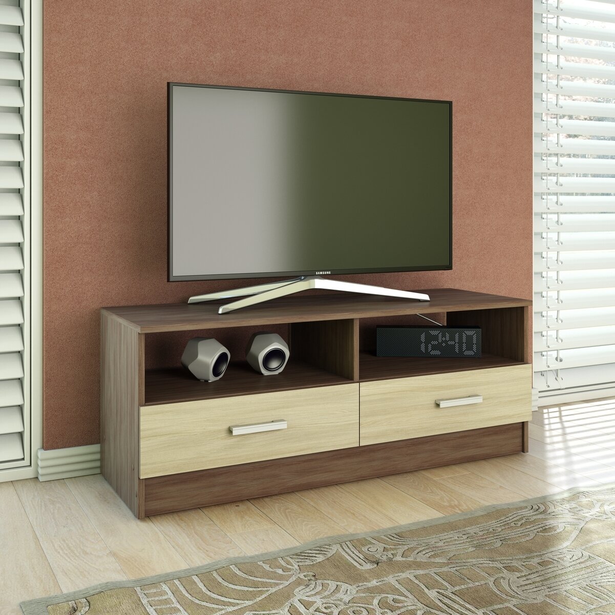 Тумба под телевизор ТВ - 1 Эра 120х38.2х46.5 см Ясень шимо тёмный/Ясень шимо светлый