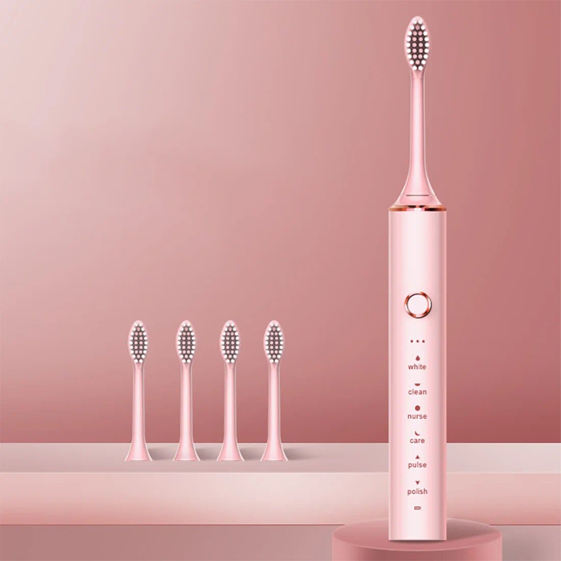 Электрическая зубная щетка ультразвуковая зубная щетка для чистки зубов и полости рта 6 режимов 4 насадки розовый