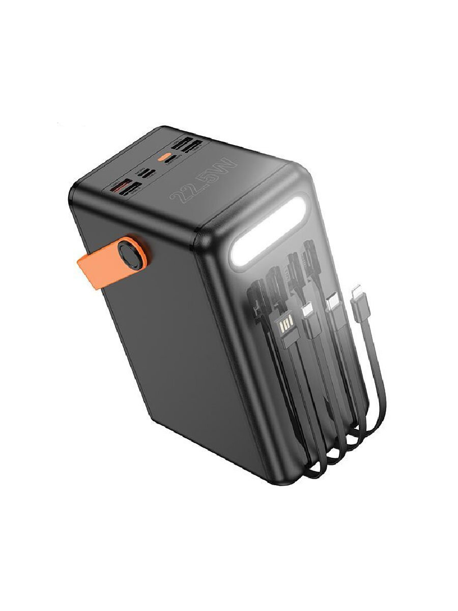 Внешний аккумулятор Hoco DB120 120000mAh 22.5W 7 портов, 4 встроенных кабеля, с LED-дисплеем и фонарем, цвет Черный — фото 1