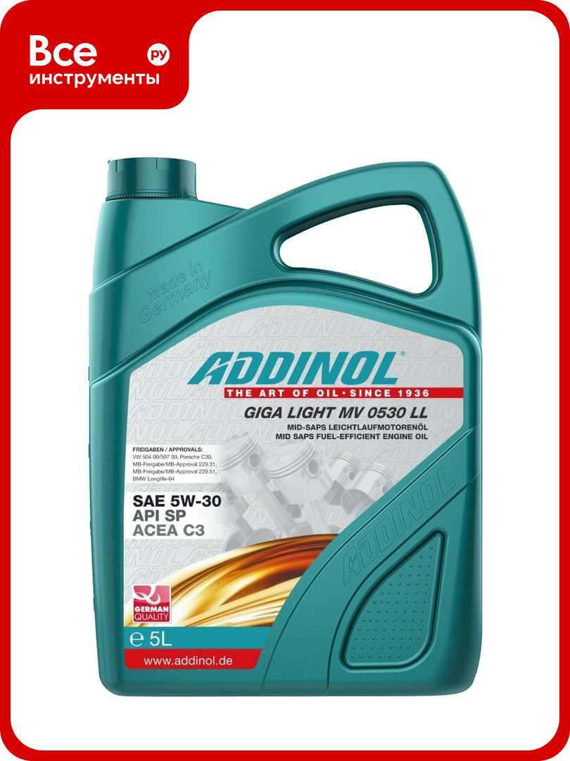Моторное масло Addinol Giga Light MV 0530 LL синтетическое, 5W-30, 5 л 72098681, с ресурсосберегающими свойствами