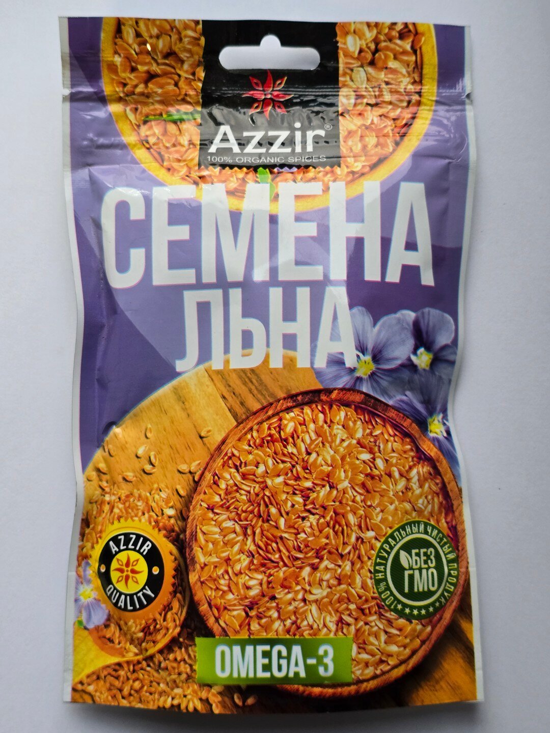 Cемена льна от "Azzir", 100% натуральный, без добавок, упаковка дой-пак, 150 г
