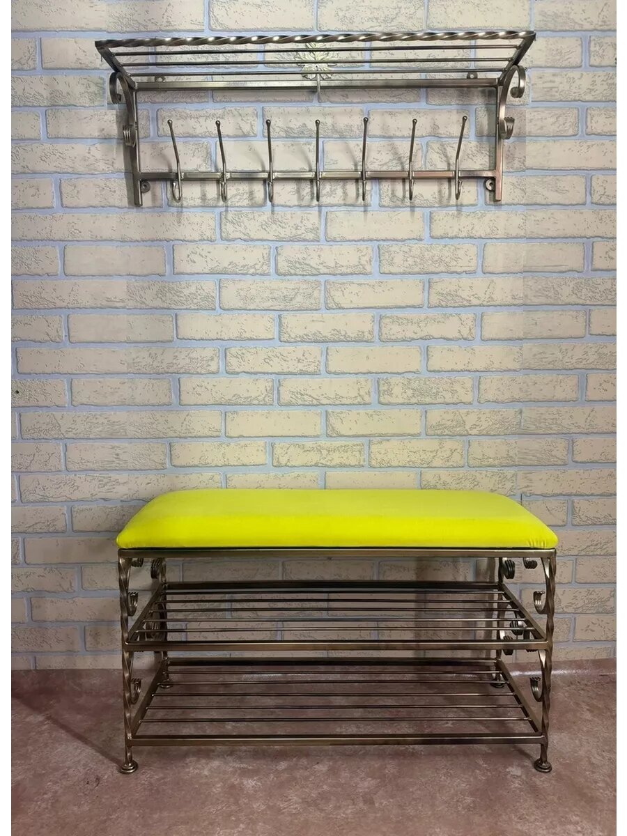 Кованая прихожая, вешалка + банкетка, Студия кованой мебели Нива, цвет античная бронза/желтый — фото 1