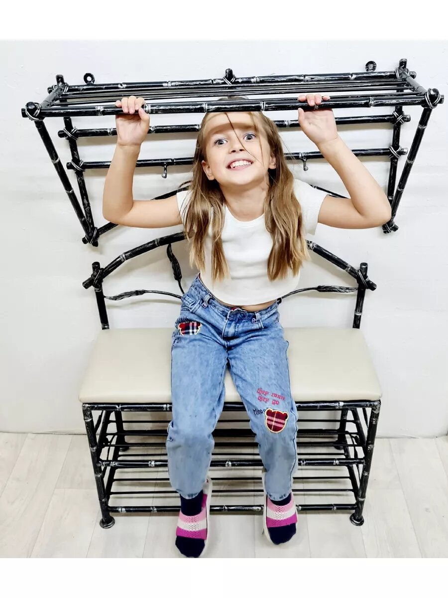 Комплект мебели для прихожей, "Кованый бамбук", ручная работа, цвет черный/патина, белое сиденье — фото 1