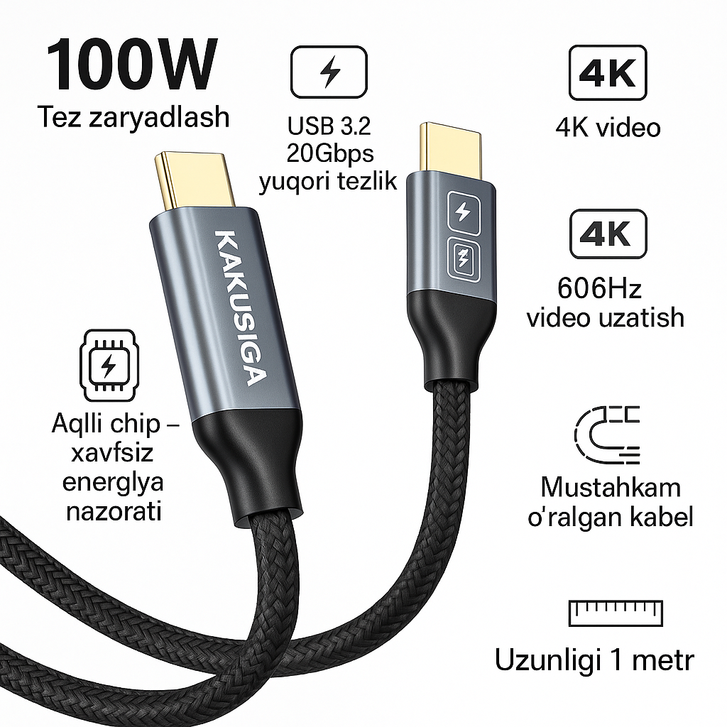 Кабель Kakusiga Type-C 100 Вт USB 3.2, кабель 3-в-1 для быстрой зарядки и передачи данных, функция передачи видео 4K